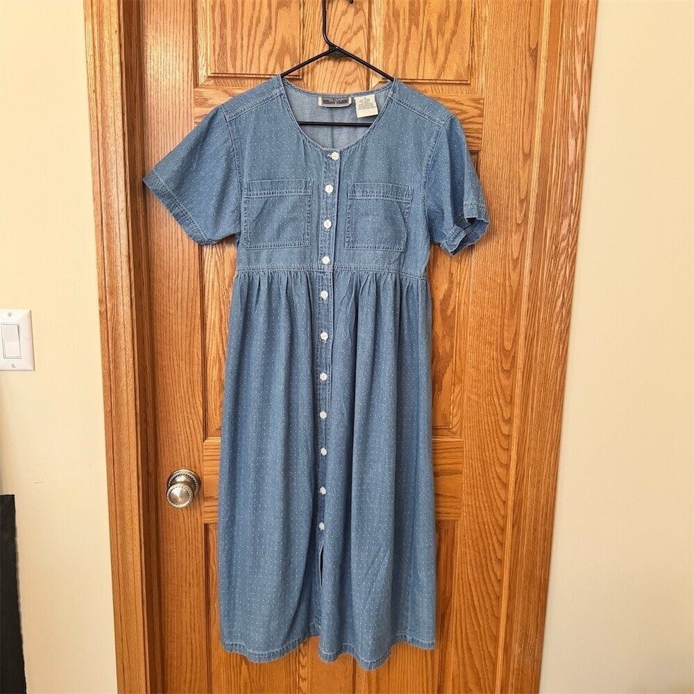 Erika Classics Denim Shirt Dress Womens M Blue Midi Button Front Pockets